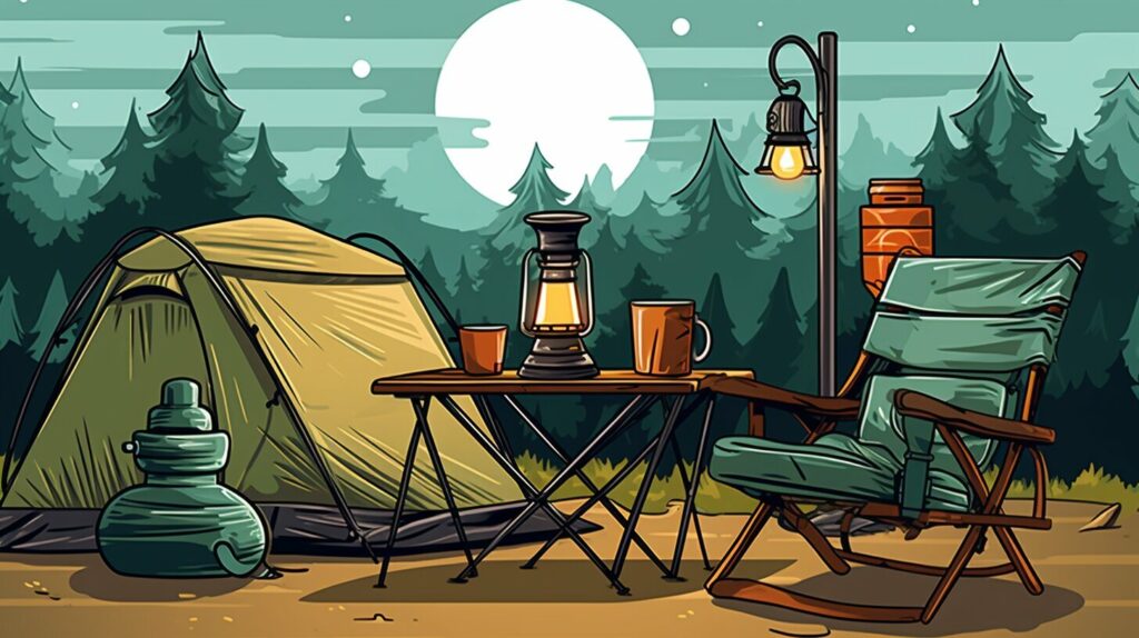 Camping chair, table, and lantern on a campsite