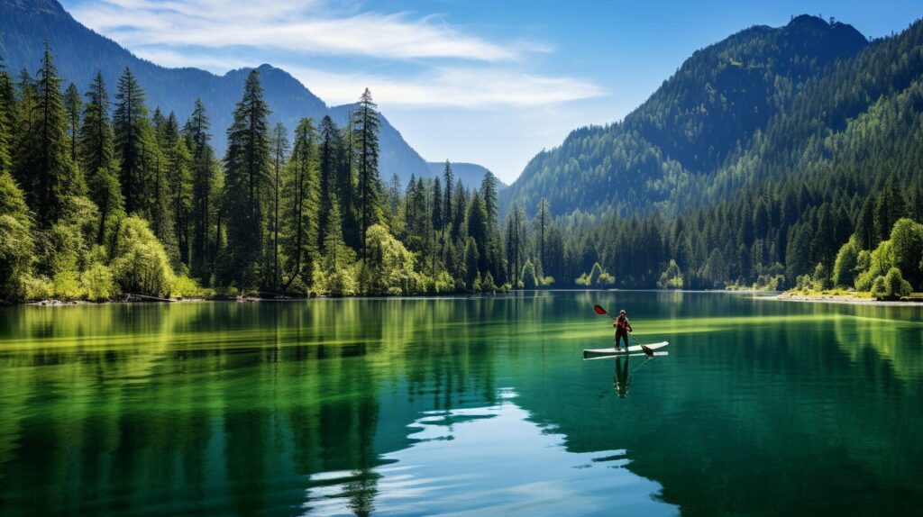 Paddleboarder on a mountain lake