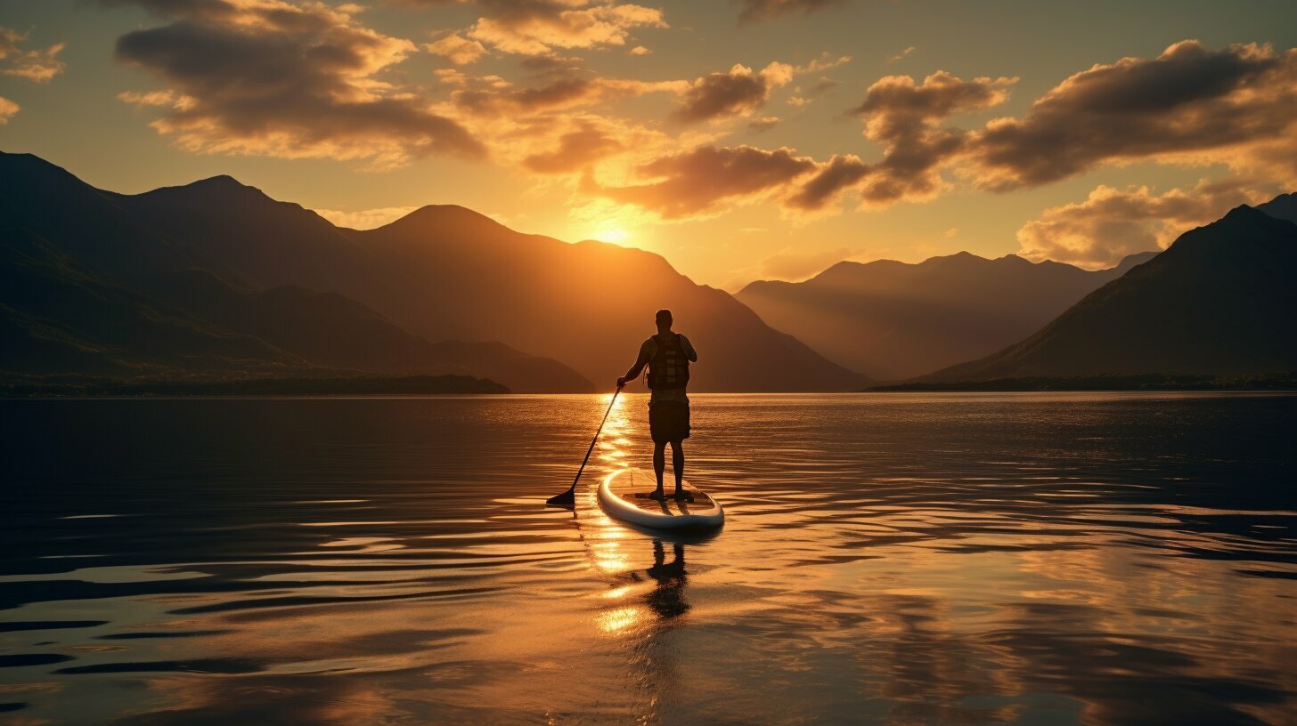 Paddleboarding on a calm lake surrounded by mountains