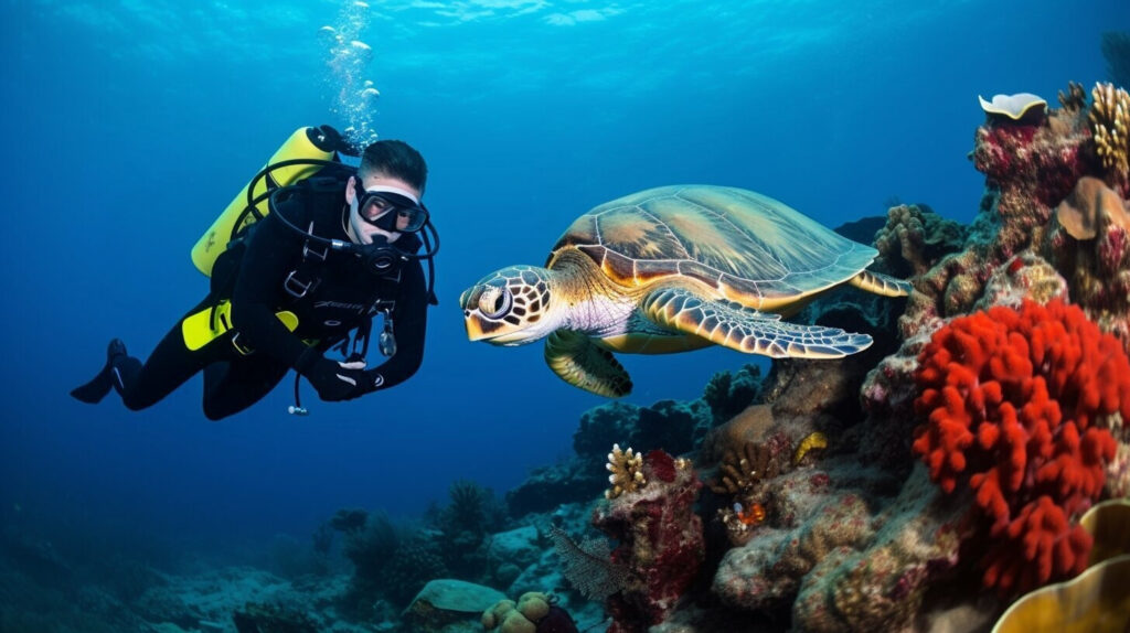 Scuba diver swimming with a sea turtle