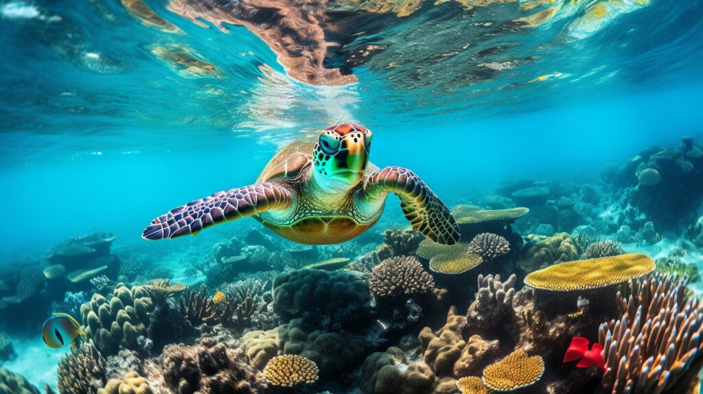 Snorkeler with sea turtle