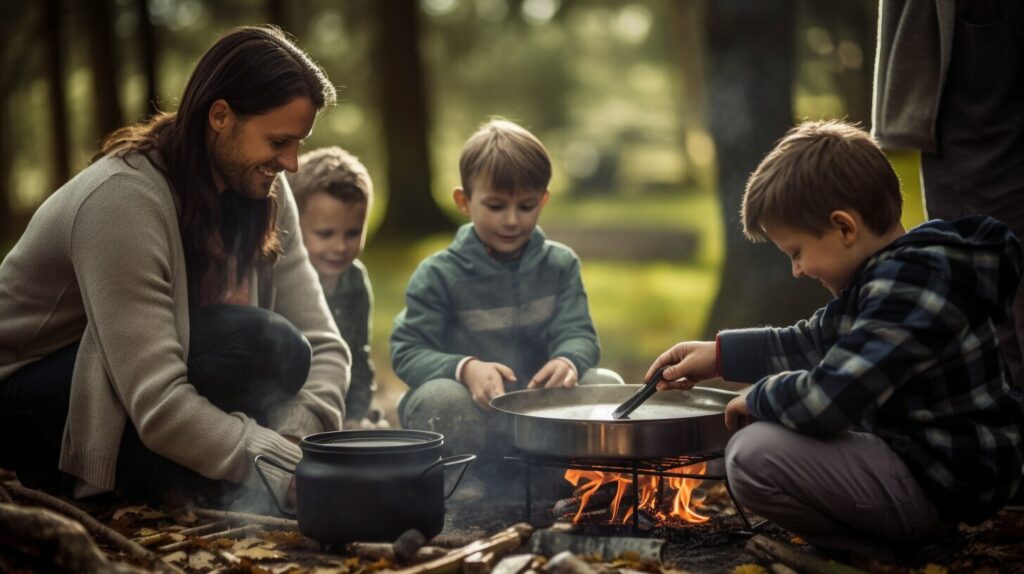 family cooking on camping trip