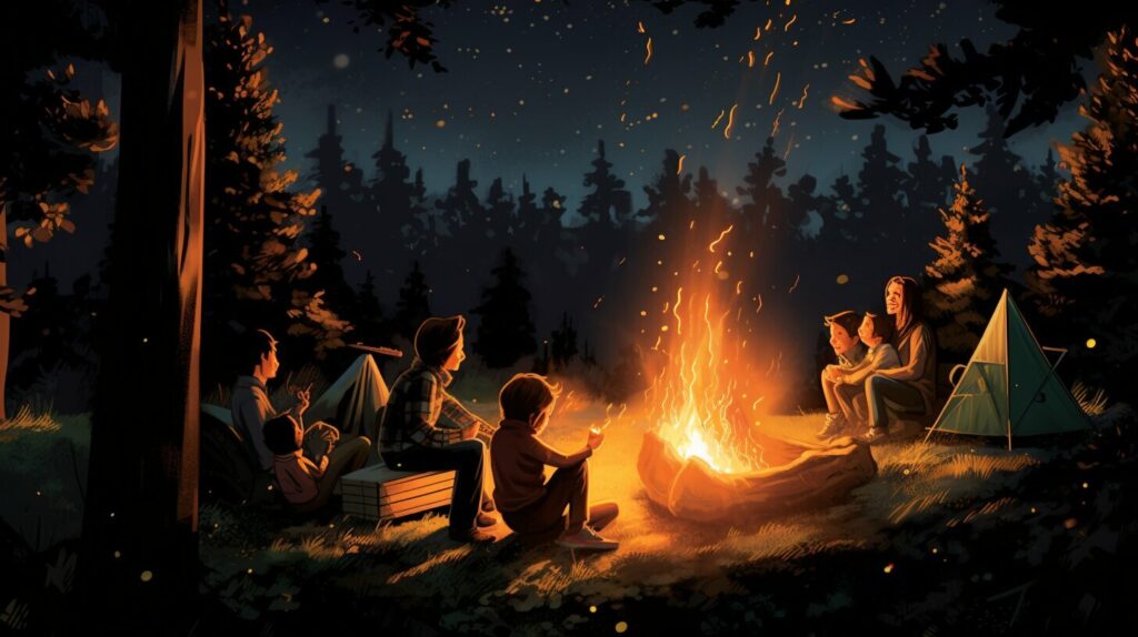family roasting marshmallows around campfire