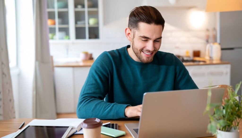 guy working laptop livingroom