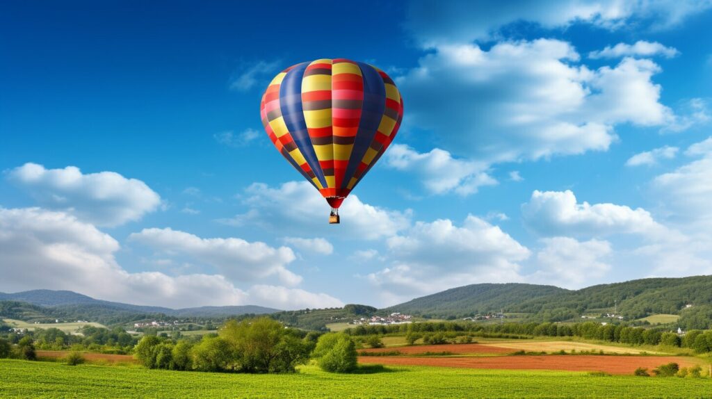 hot air balloon flying over Hudson Valley landscape