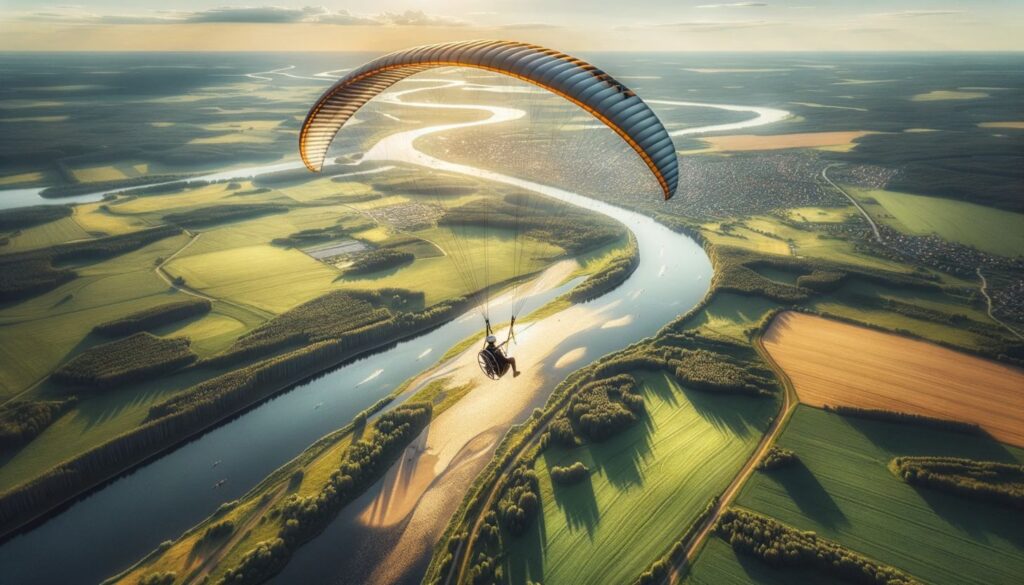 paramotor soaring over landscape