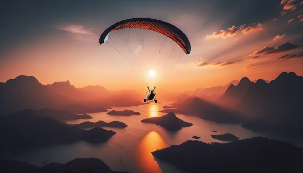 paramotoring flight during setting sun