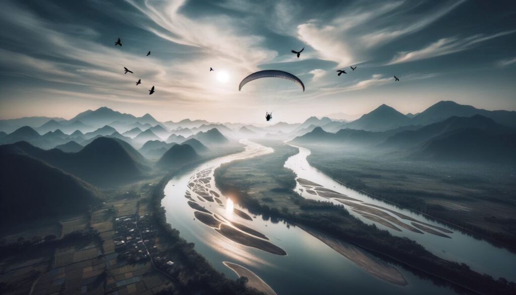 paramotorist soaring over rivers