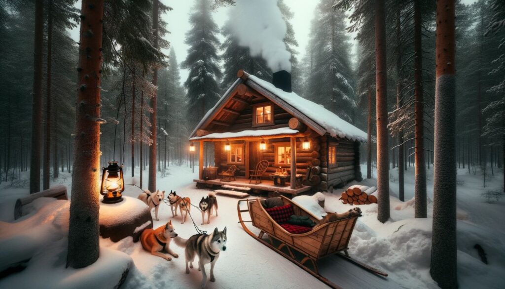 wooden cabin dogs in lapland