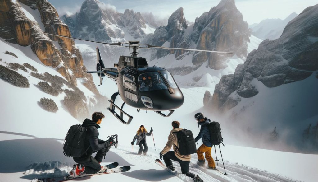 helicopter dropping off skiers on snowy mountain peak