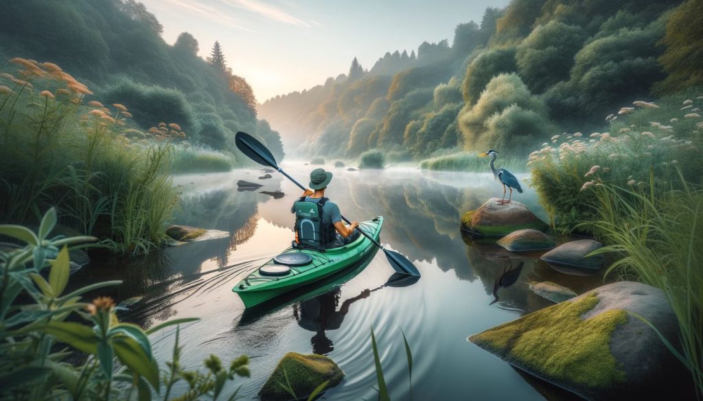person kayaking along a calm river with a green kayak