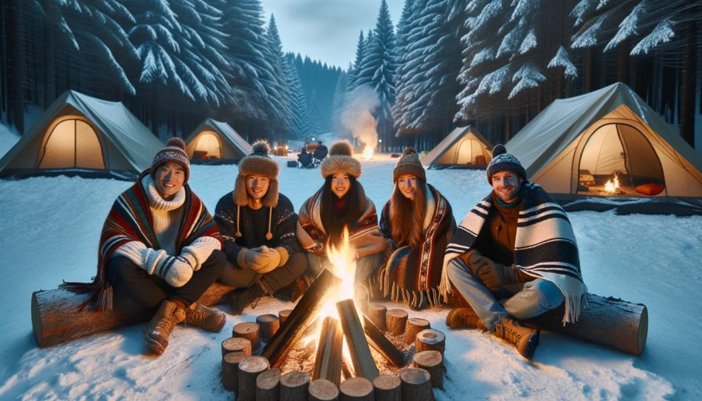 winter camping around the fire