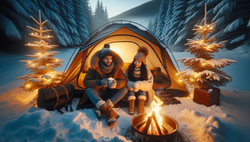 winter camping at dusk