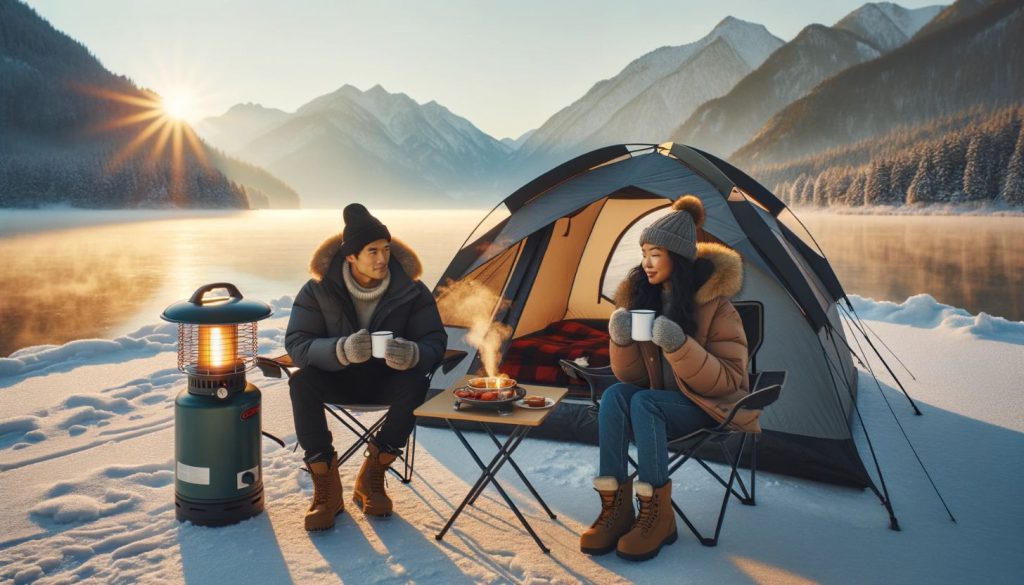 winter camping at sunrise