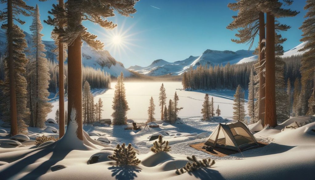 winter camping near frozen lake