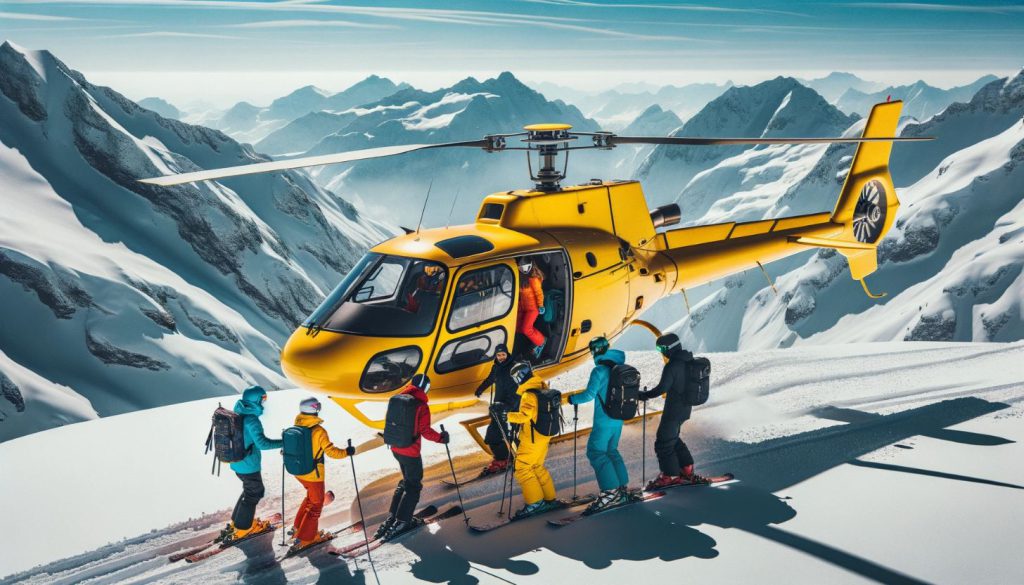 yellow helicopter dropping off skiers on snow covered mountain